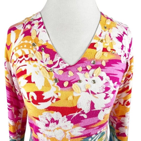 Boston Proper Multi Color Floral Knit Top Beaded jewel neckline Spring Size M - Picture 6 of 10